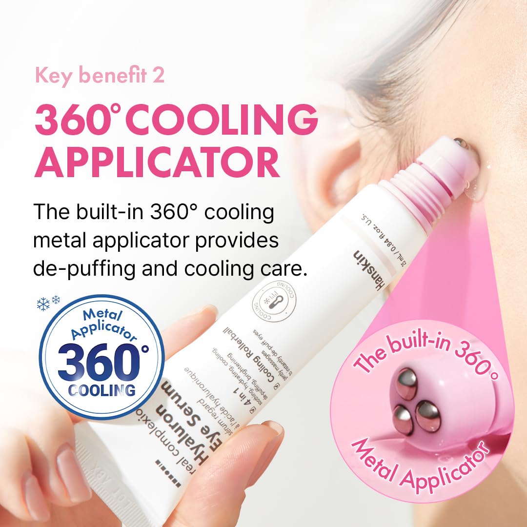 Hanskin Hyaluron Eye Serum – Korean Hydrating Eye Care | 4 Types of Hyaluronic Acid & Cooling Metal Applicator | De-Puffing, Smoothing & Brightening for Tired, Dry Skin | 0.85 fl oz
