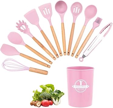 Kitchen Utensil Set, 12 PCS Silicone Cooking Utensils with Holder, Silicone Cooking Utensils Set with Wooden Handle Natural Wooden Handle Cookware Tongs Spatula Spoon SetPink