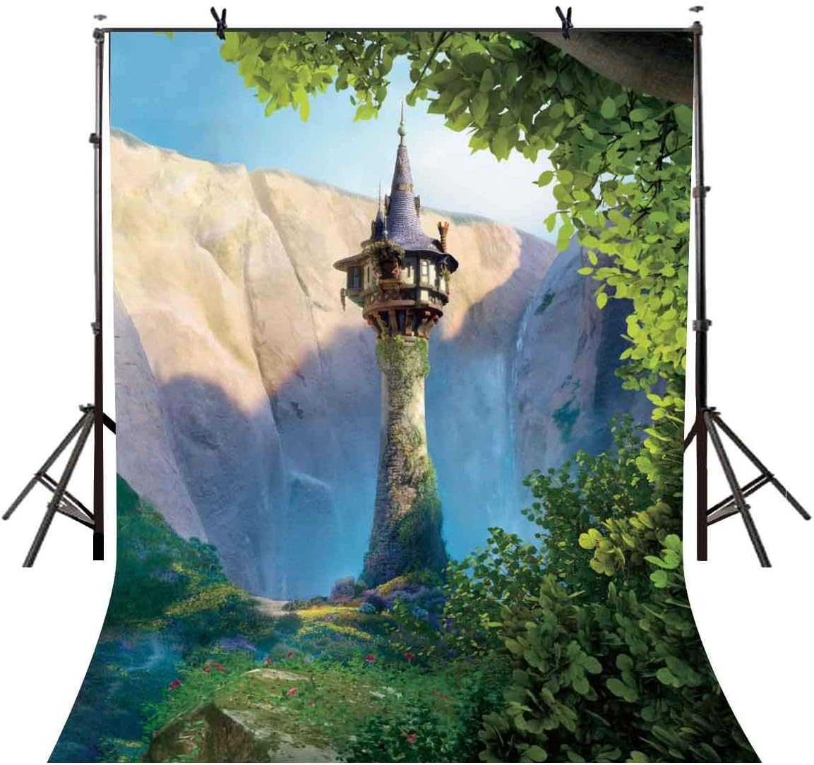 EOA 5(W) x7(H) FT Cartoon Princess Tower Backdrop Fairytale Story Rapunzel Photography Background Baby Shower Children Kids Birthday Party Events Cake Table Decoration Photoshot Props