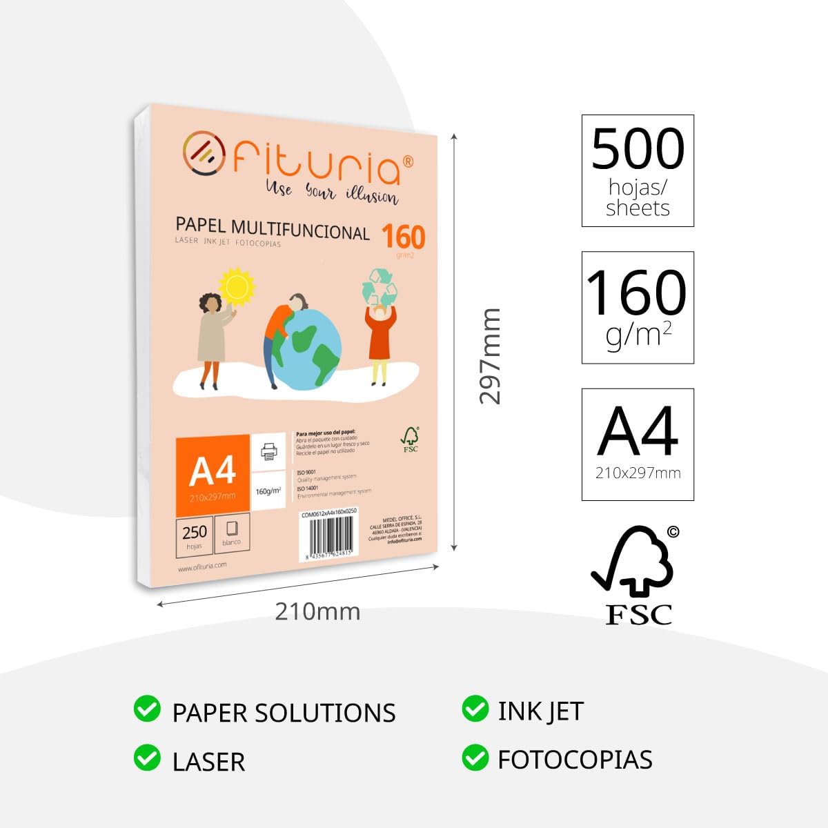 Pack of 500 White A4 Sheets 160g Printer Paper Multifunctional Copier Paper for School and Office Ideal for Laser Printers, Inkjet Printers or Copiers - Ofituria