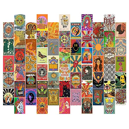 ZJNB 60 PCS Retro Vintage Hippie Trippy Wall Collage Kit Aesthetic Pictures, Trippy Hippie Room Decor, Photo Wall, Aesthetic Posters, Trippy Wall Art Print, Trendy Small Posters for Dorm, Collage Kit
