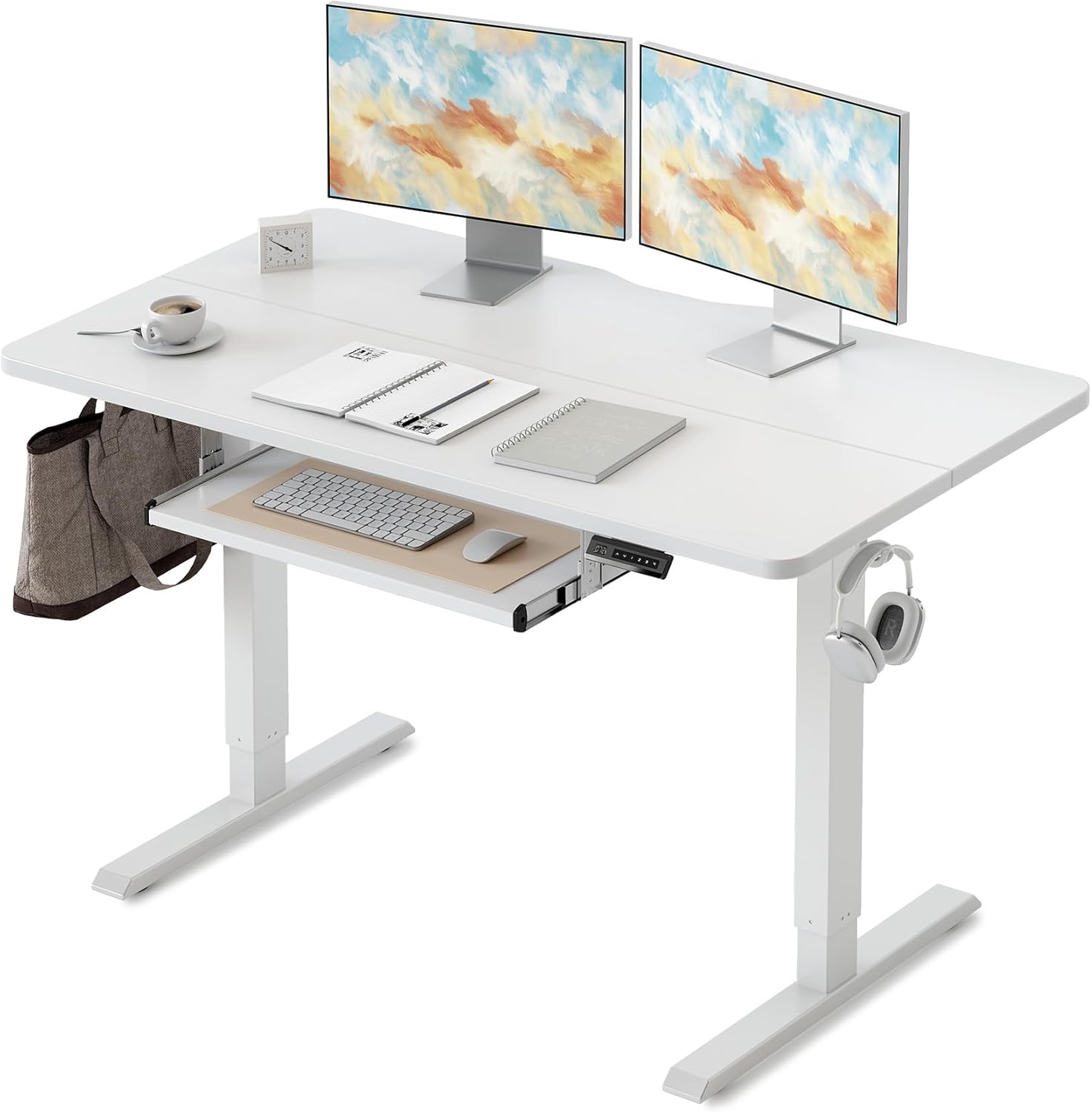 FEZIBO Standing Desk with Keyboard Tray, 48 x 24 Inch Adjustable Height Sit Stand Desk with Memory Presets for Home Office, Ergonomic Computer Workstation, White