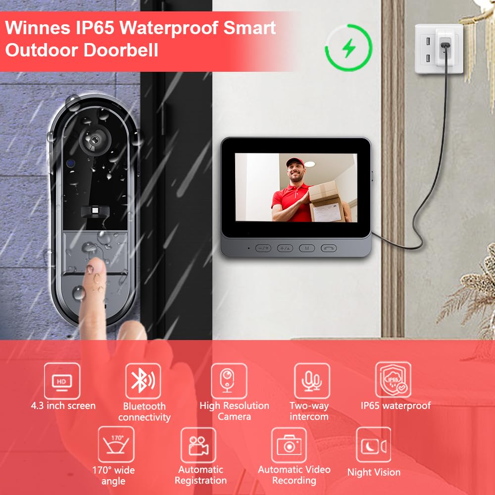 Winnes Timbre de vídeo inalámbrico con Pantalla, cámara de Timbre Exterior 1080P, Compatible con conexión inalámbrica Bluetooth 2.4G, Resistencia al Agua IP65, sin Necesidad de WiFi ni aplicación.
