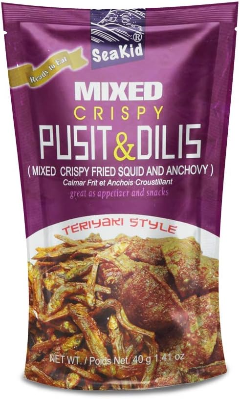 Seakid Crispy Pusit & Dilis Teriyaki Style - Fried Squid & Anchovies Nutricious Snack 1.41oz (40g), 3 Packs