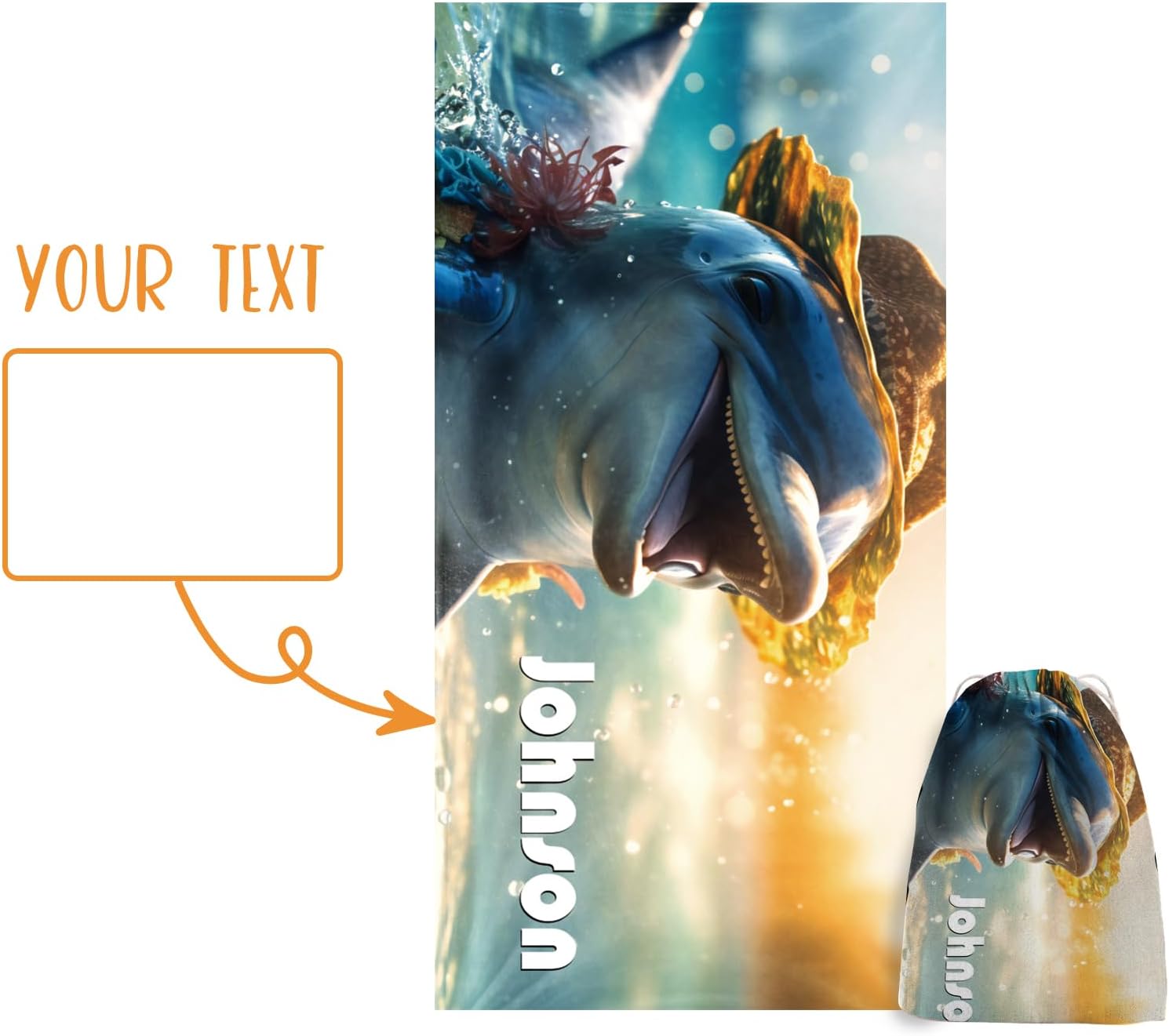 Personalized Beach Towel with Bag - Custom Name with Animal Selfies Design - Oversized Soft Absorbent Microfiber Bath Pool Towels for Baby Kids Adults Boys Girls Gifts Color08-Dolphin