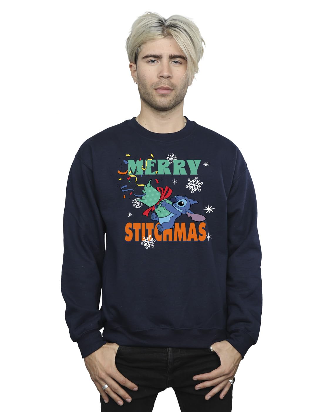 Absolute Cult Men's Navy Blue Disney Lilo & Stitch Merry Stitchmas Sweatshirt Large