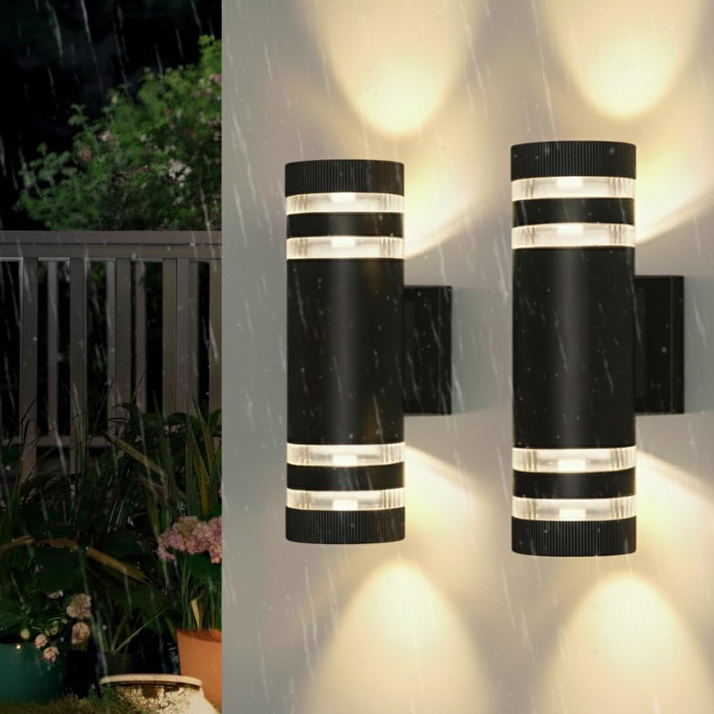 YICALE Outdoor Wall Lights Mains Powered,2PCS LED Up Down Outside Light 3000K IP65 Waterproof Front Door Light,Aluminium GU10 Porch Lights Outdoor Round External Wall Lamp for Terrace,Patio,Garden