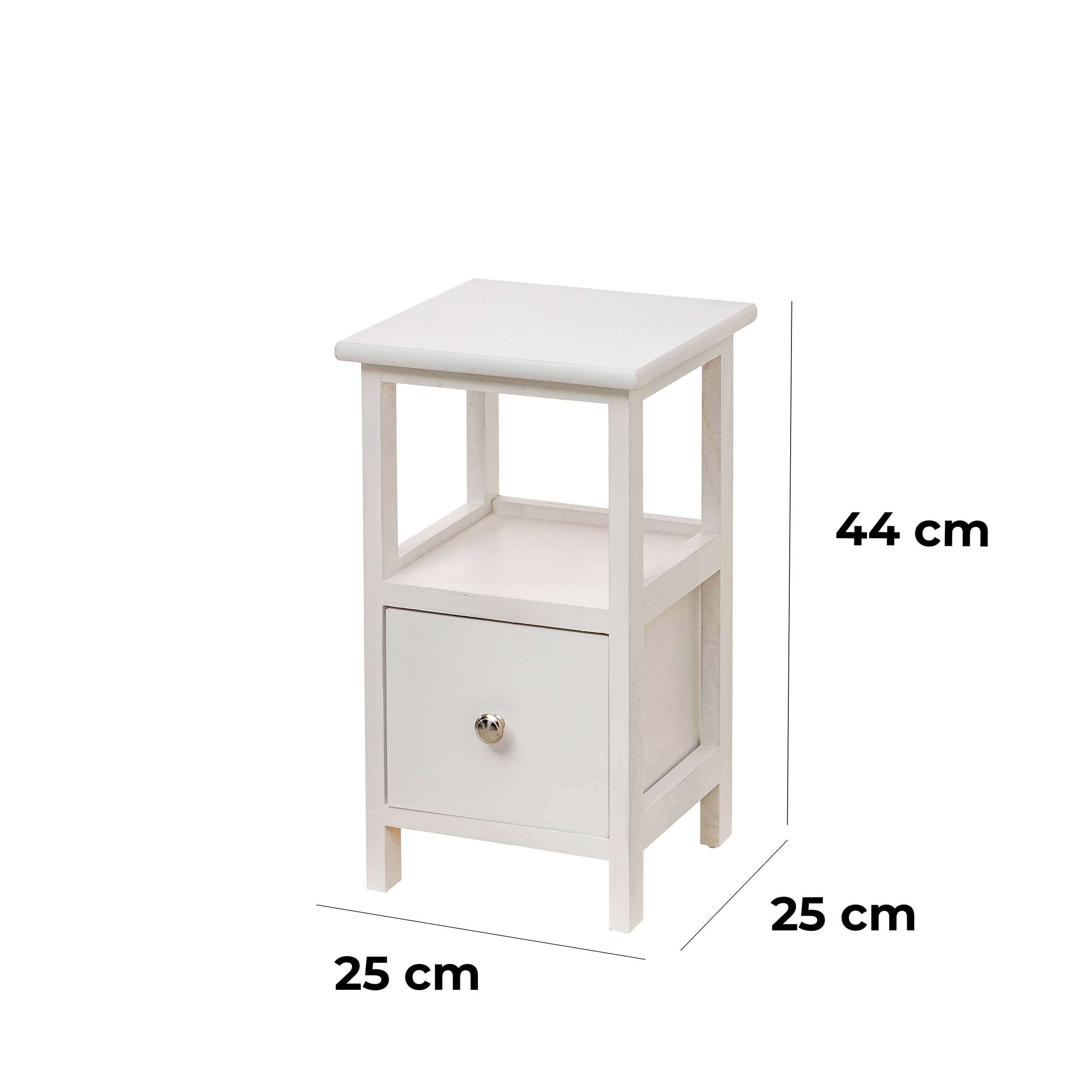 Baroni Home Comodino, Mobiletto da Soggiorno, Salotto, Camera da Letto, Cameretta, Bagno, Mobiletto Multiuso, Colore Bianco 1 Cassetto e 1 Ripiano Misure 25X25X44 cm
