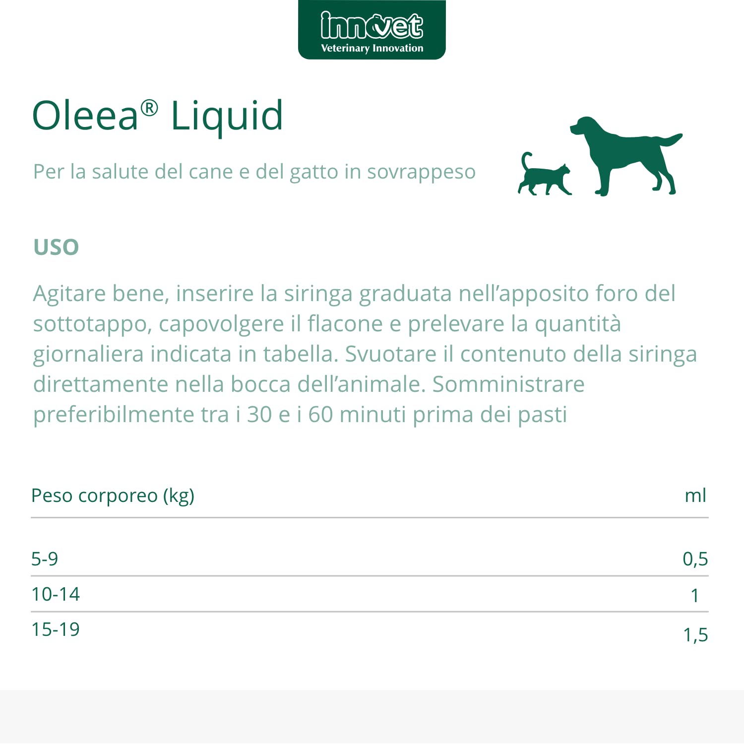 Innovet Oleea - Formulation liquide, 60 ml - pour la santé du chien et du chat en surpoids ou obèse - Protège contre les dommages liés à l'excès de graisse corporelle