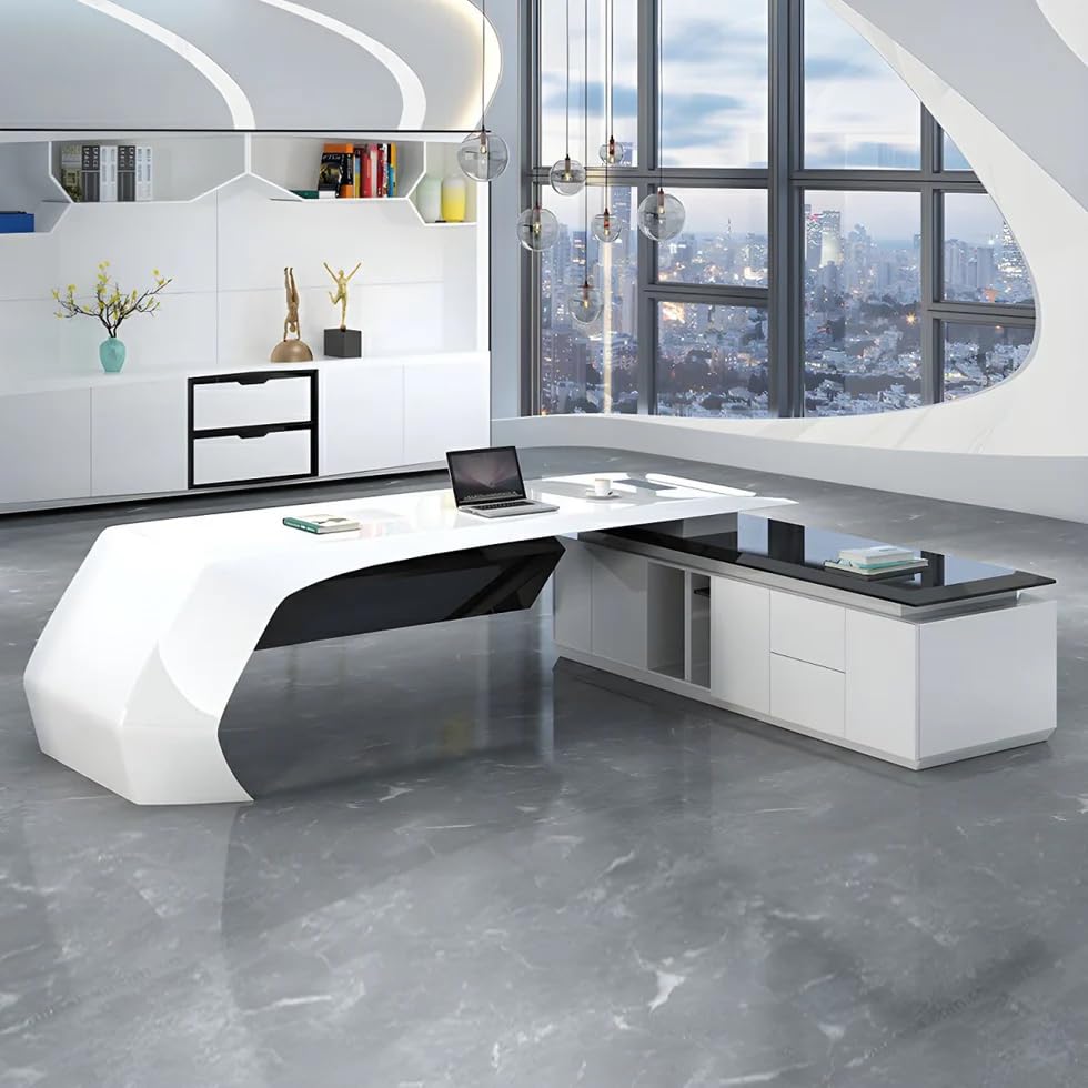 Image of Lakdi The Furniture Co Director & Executive L-Shape Office Table Luxury Desk Made in MDF with Side Unit Drawer and Storage Wire Manager & CPU Storage - White - LDL-619