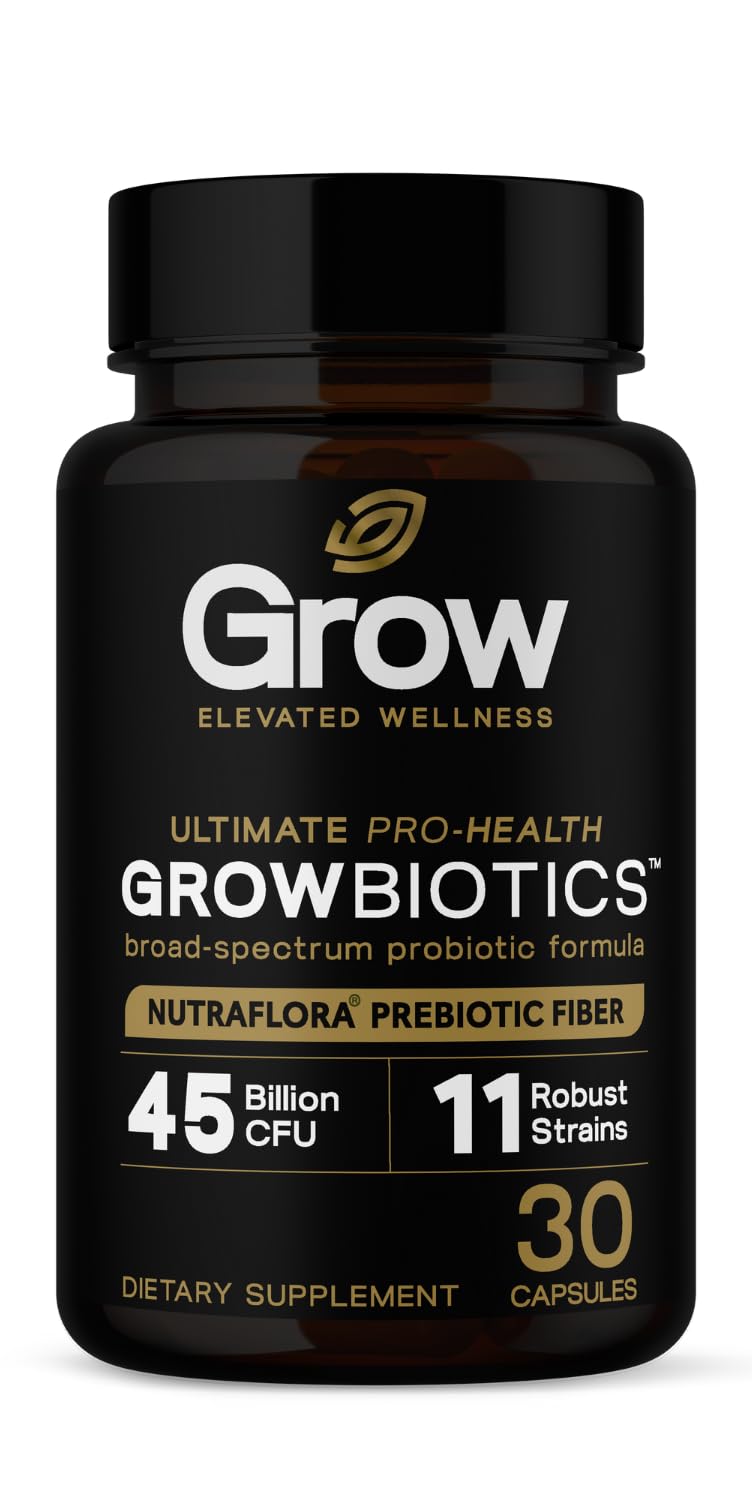 GrowBiotics Probiotic with Prebiotic Fiber – 45 Billion CFU, 11 Strains – Gut Health & Digestive Support – Delayed Release, Non-GMO, Dairy & Gluten Free – 30 Capsules