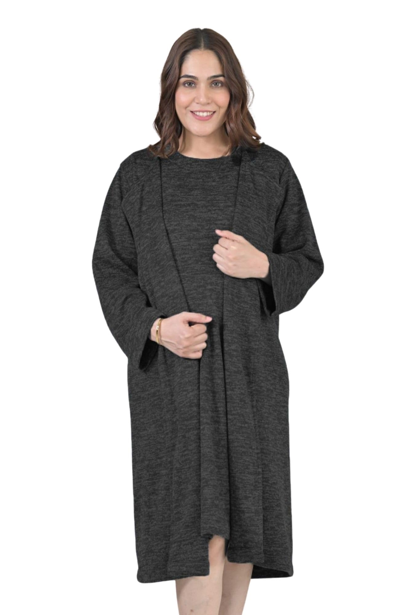 Chic Black Maternity Winter Dress with Cover Up (2pc) | Warm Stretchable Pregnancy Dress Set | Cozy Winter Layered Outfit for Moms-to-Be-image-4
