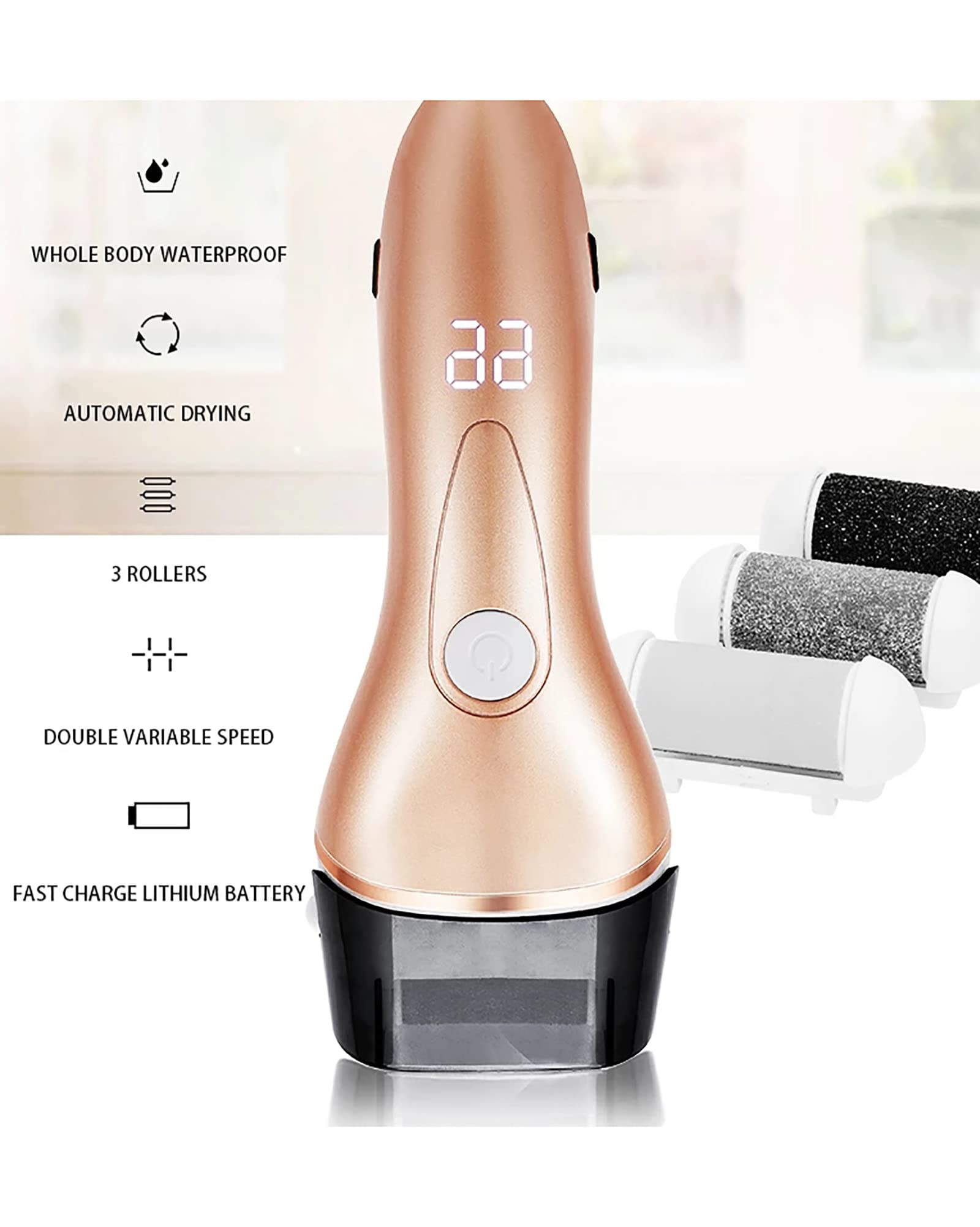 Pantalla Digital LED Lima eléctrica para pies Removedor de Piel Dura Herramientas de pedicura 3 Cabezales de Rodillos y 3 velocidades para Talones agrietados y Piel Muerta, Negro (Gris)