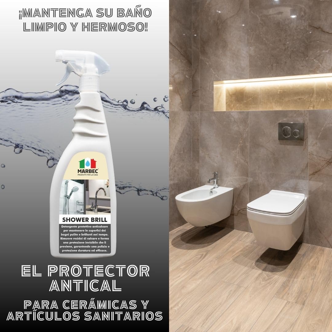 MARBEC SHOWER BRILL 5LTX4UDS Limpiador antical para baño, protector anti-gotas, para cerámicas y vidrios, reduce cal y residuos, fácil mantenimiento diario.