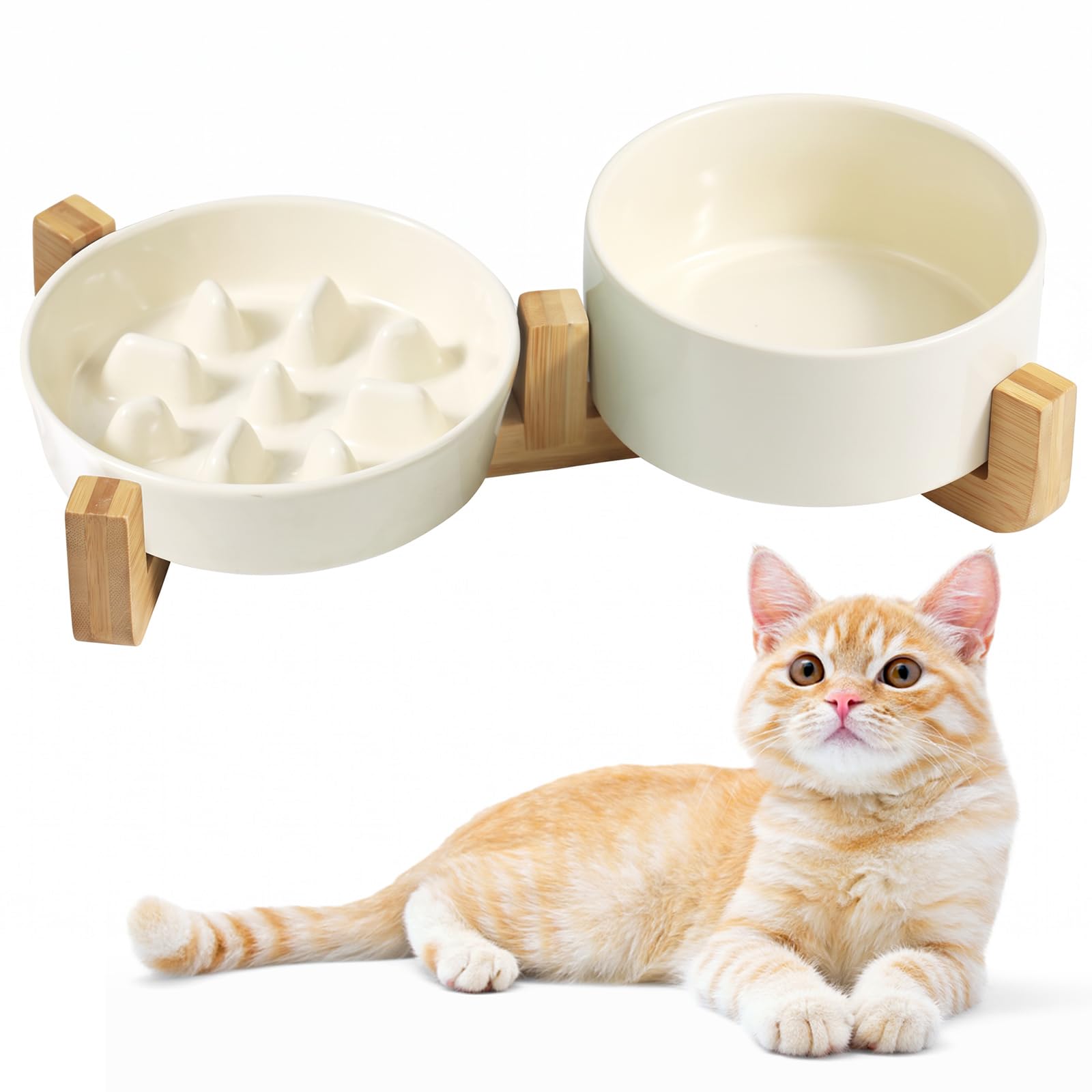 Elevated Ceramic Dog Bowl Set - 850ML/3.6 CUPS + 400ML Slow Feeder Dog Bowl, Raised Dog Feeder Bowl with Non-Slip Bamboo Stand 15.5CM Pets Feeding Bowls for Cats and Small Dogs Eating Food