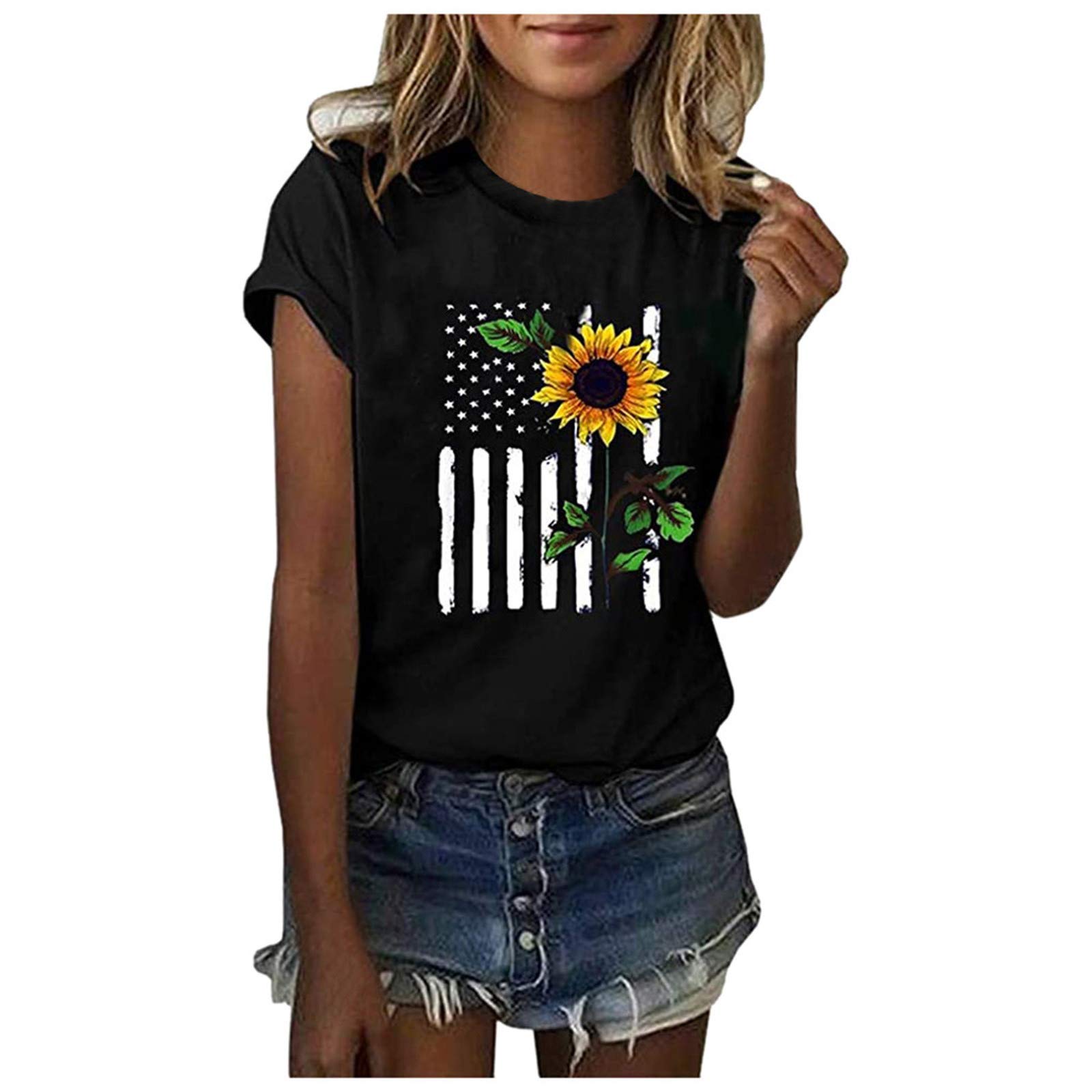 Womens Tshirts, Womens 4th of July Summer Tops Short Sleeve Tee Shirts Casual Loose Sunflower Print Blouse Tops
