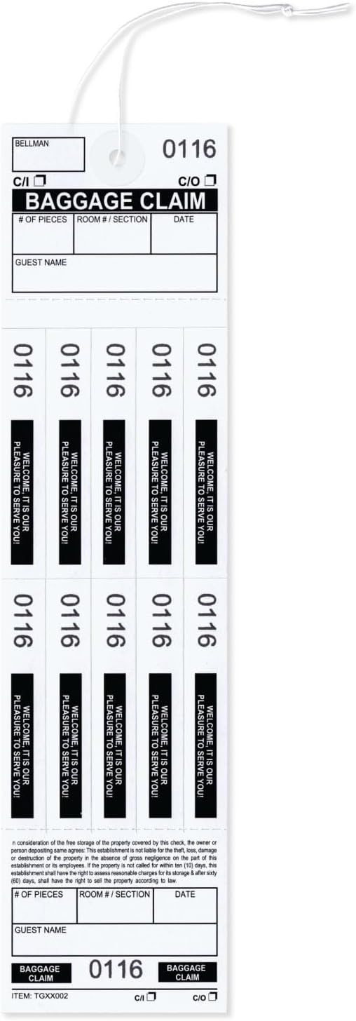 100 The Ultimate Baggage Claim Check Tags with 10 Matching Numbered Labels for Managing Up to 11 Pieces of Luggage with 1 Tag. an Integrated Label & Tag Combo. Size: 9 1/2" (H) x 2 1/2" (W).