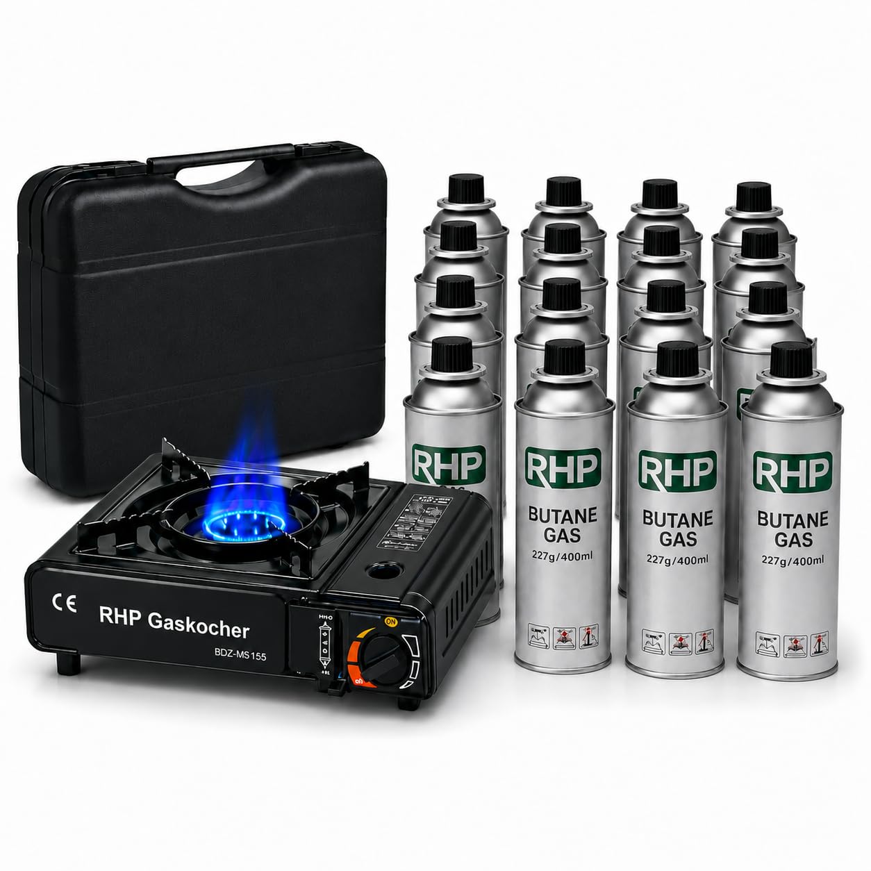 RHP Réchaud à gaz d'extérieur I Cuisinière à gaz avec 16 cartouches de gaz à baïonnette – Pour camping, voyage, vacances, randonnée, pique-nique, jardin – Avec mallette pratique – Jusqu'à 30 % de