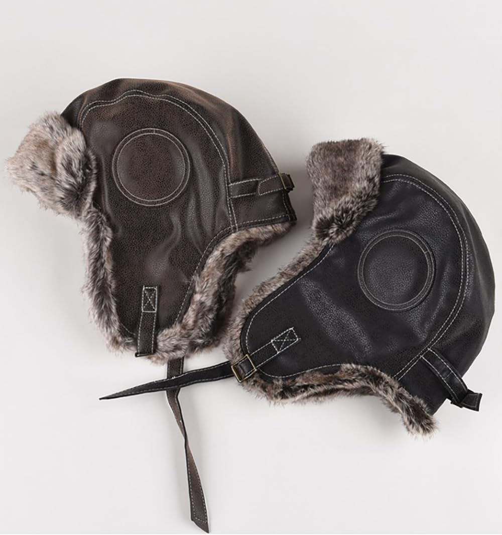 JIAHG Chapka Homme Hiver en Cuir Simili Chapeau d'aviateur Classique Bonnet de Trappeur Coupe-Vent Anti Froid Cagoule avec Oreillettes Peluche Épais Doux Chaud