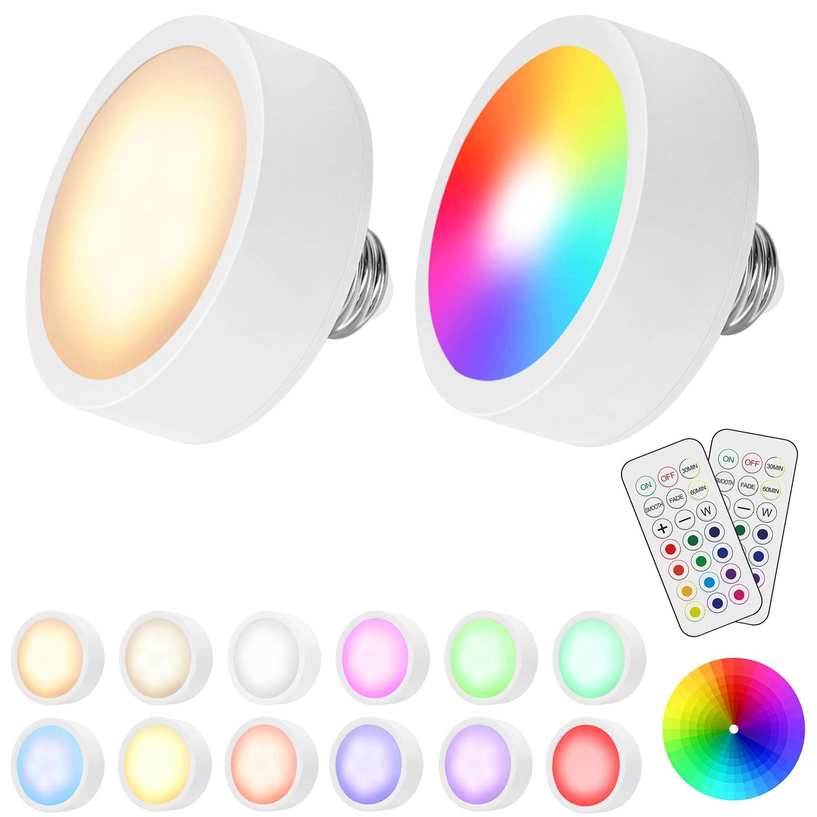 AIBOO LED Puck Lights with Remote，Battery Powered RGB Puck Light for E27 Chandelier,Dimmable Puck Light for Table Lamp，Cupboard