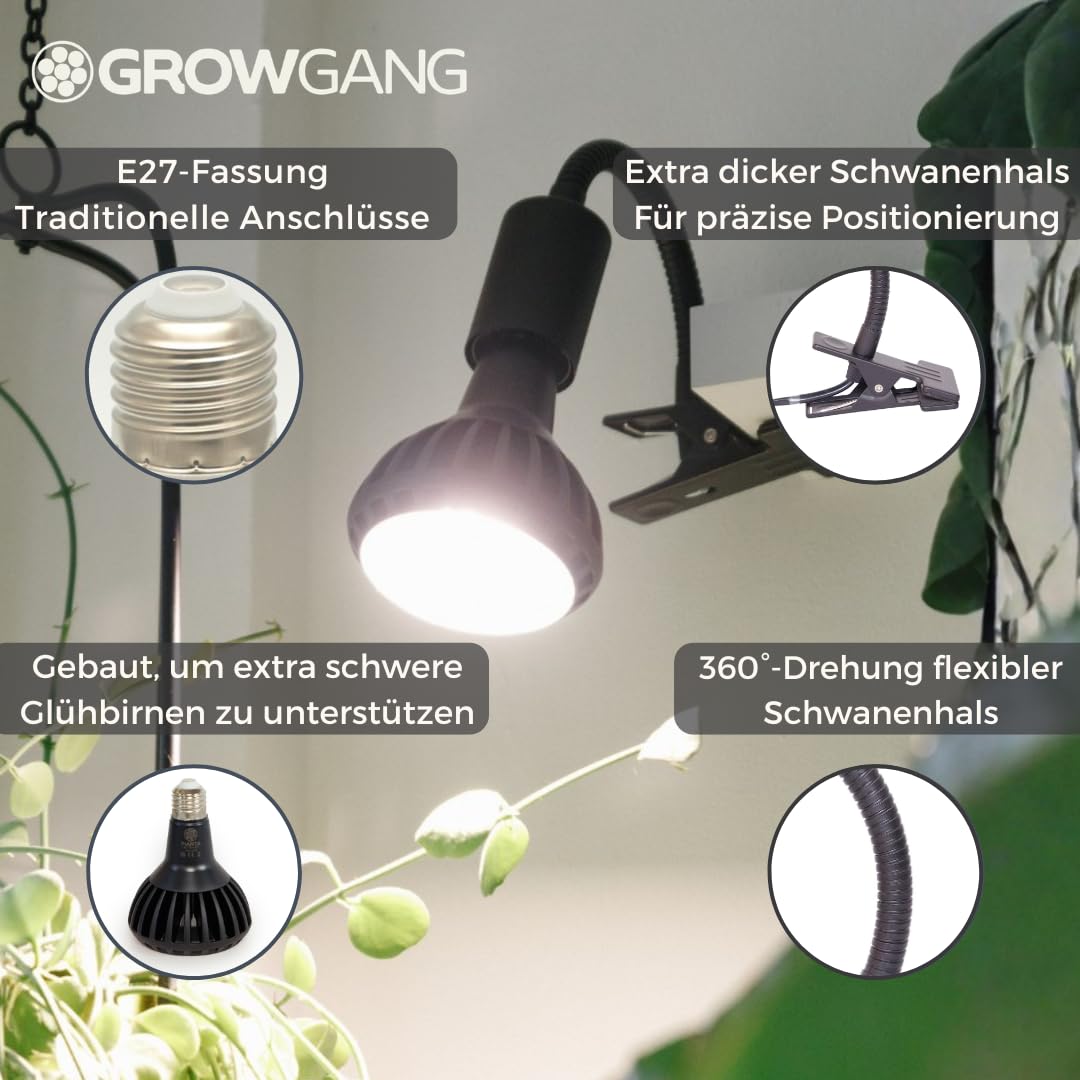 Pianta Pflanzenlampe Clip-On Fassung Schwarz – 360° Schwanenhals, stabiler Clip. Ideal für Schreibtisch, Regal & Zimmerpflanzen.