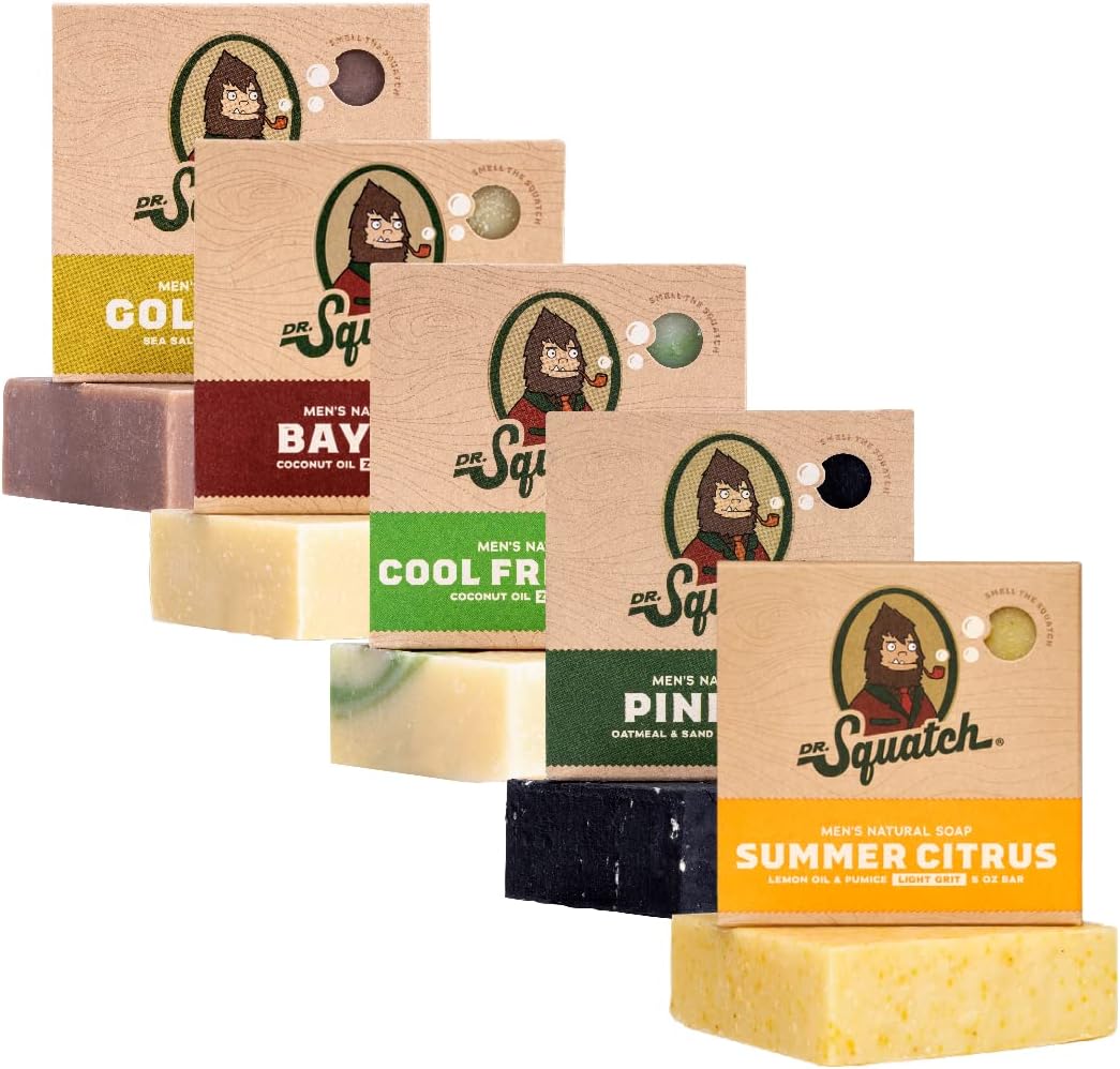 - Dr. Squatch Natural Men’s Bar Soap - Cold Process Body Soap Bar with Natural Oils - Gifts for Men - Summer Citrus, Cool Fresh Aloe, Gold Moss, Bay Rum & Pine Tar (5 oz, 5-Pack)