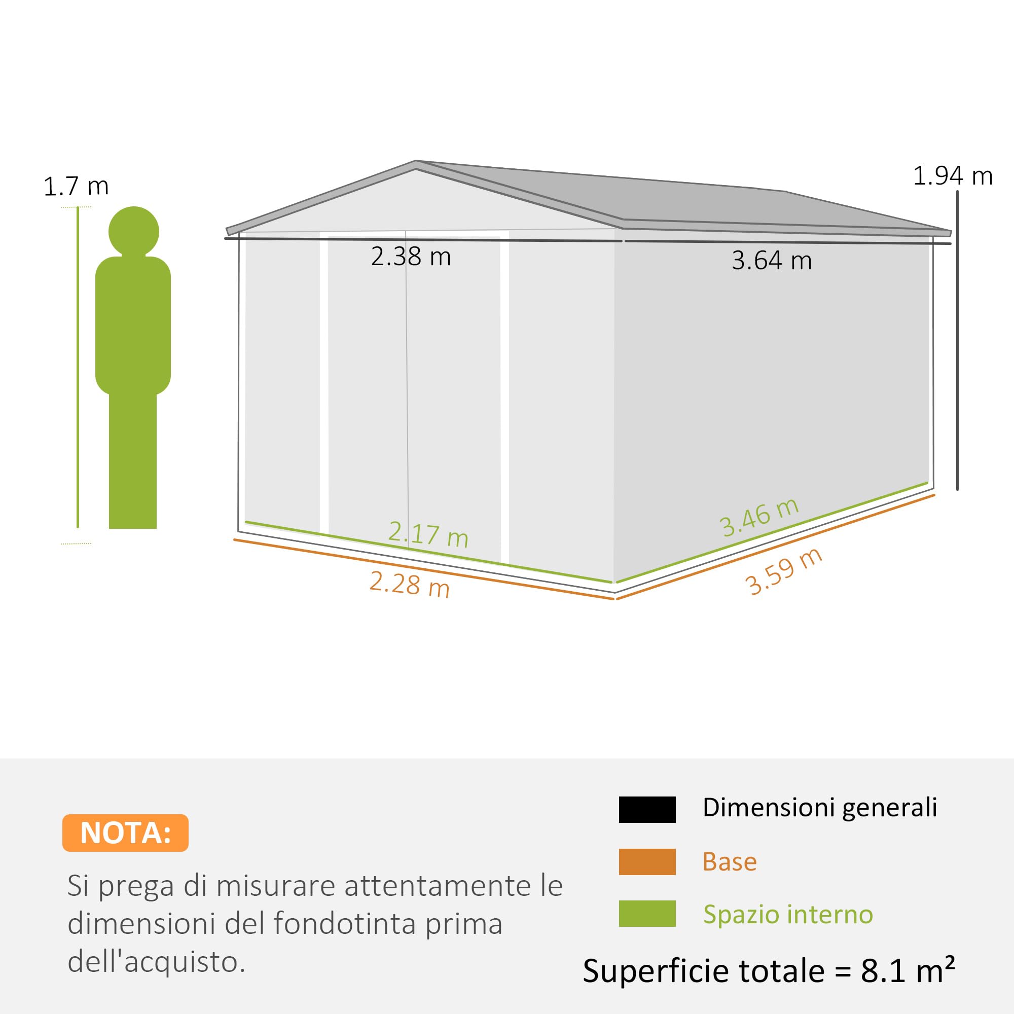 Outsunny Casetta da Giardino 8.1m² Acciaio Zincato con Prese d'Aria Doppia Porta Bloccabile Tetto Inclinato 238x364x194 cm Marrone