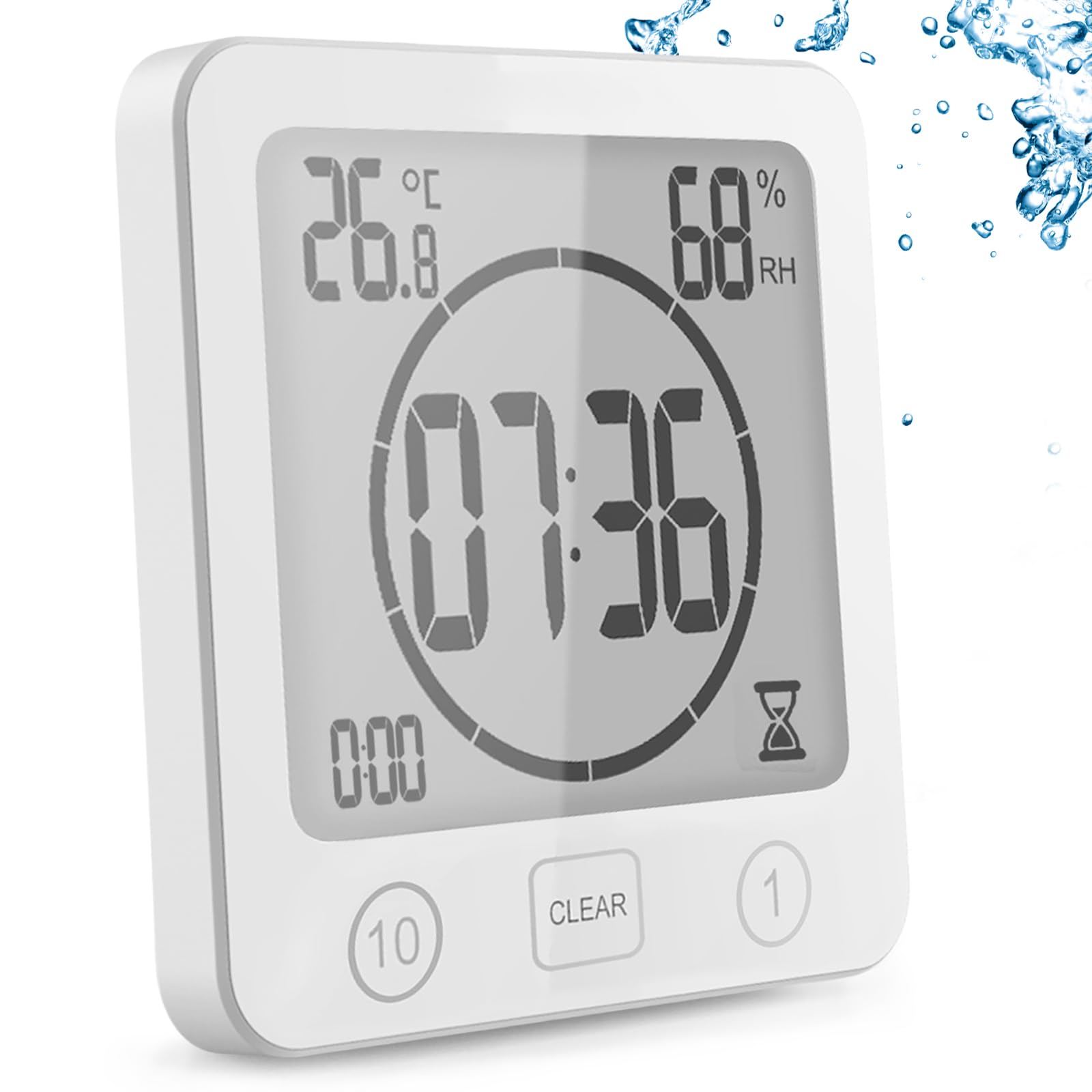 Yichzhe White Bathroom Alarm Clock Bath Timer Waterproof Digital Bathroom Clock Shower With Hygrometer And Thermometer, Lcd Display, Countdown Timer, For Shower, Kitchen, Family Everyday,
