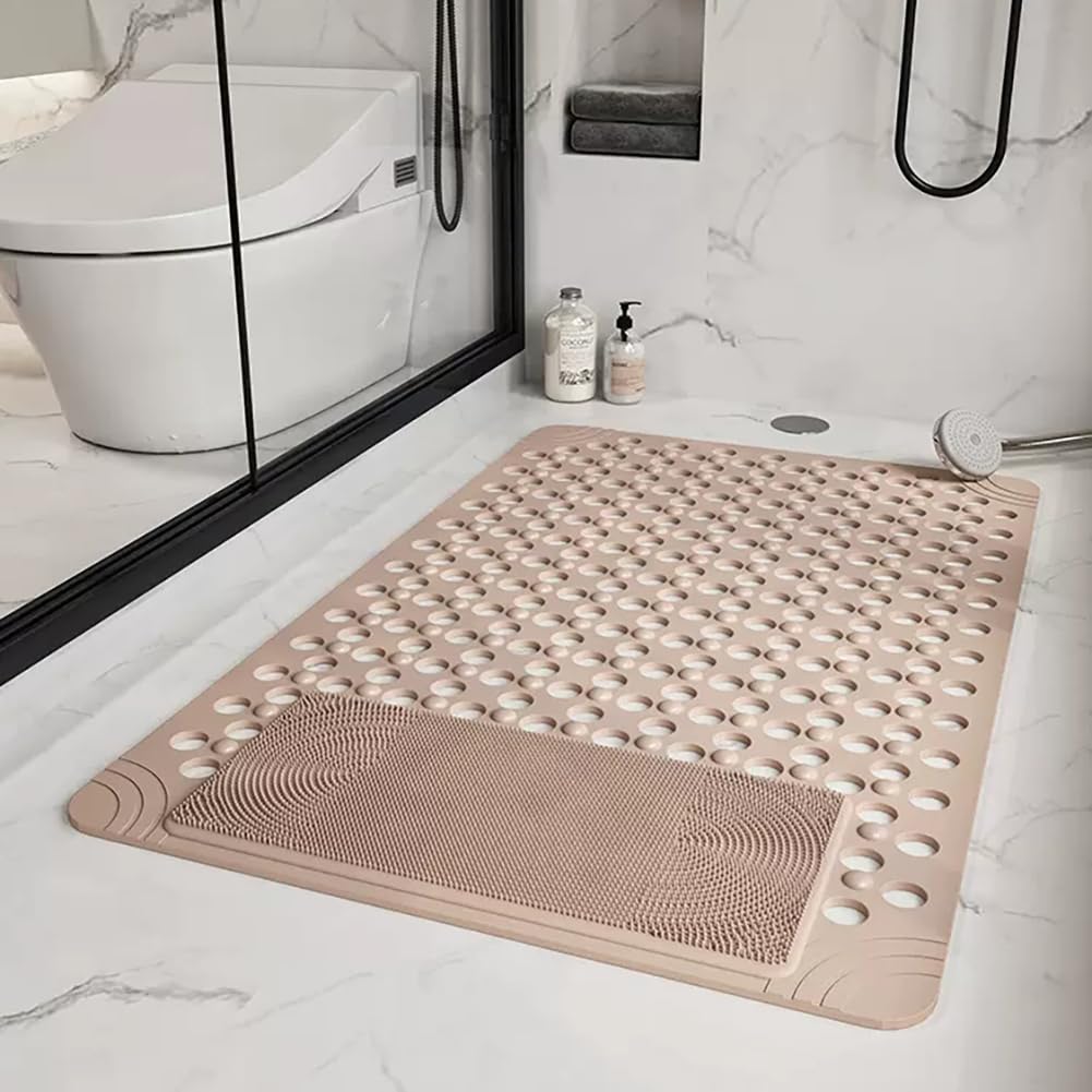 Alfombrilla de Ducha Antideslizante de 60x90 cm, de PVC antimoho con ventosas y Orificios de Drenaje para baño, Hotel y Gimnasio – Alfombrilla de Ducha Beige para Mayor Seguridad y Comodidad