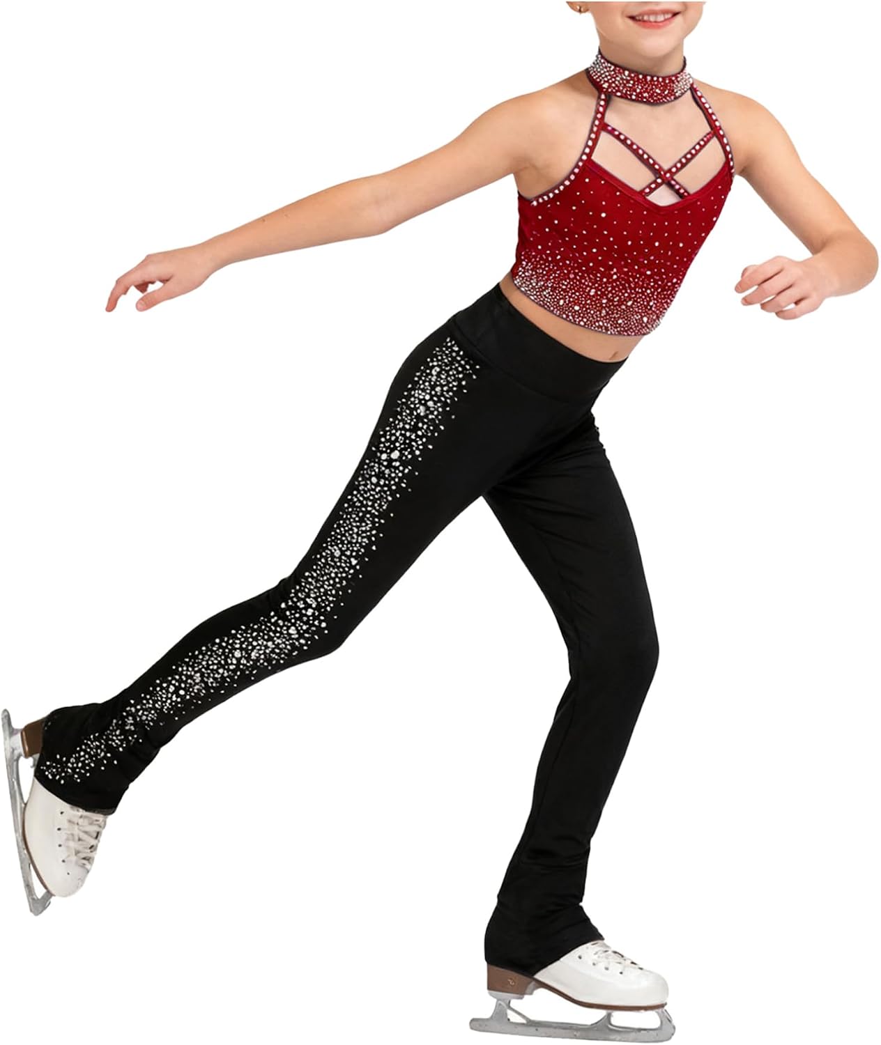 YiZYiF Kids Girls Tank Top And Leggings Figure Skating Outfit Hip-hop Dance Ballet Gymnastics Sport Set Burgundy Black 16 Years