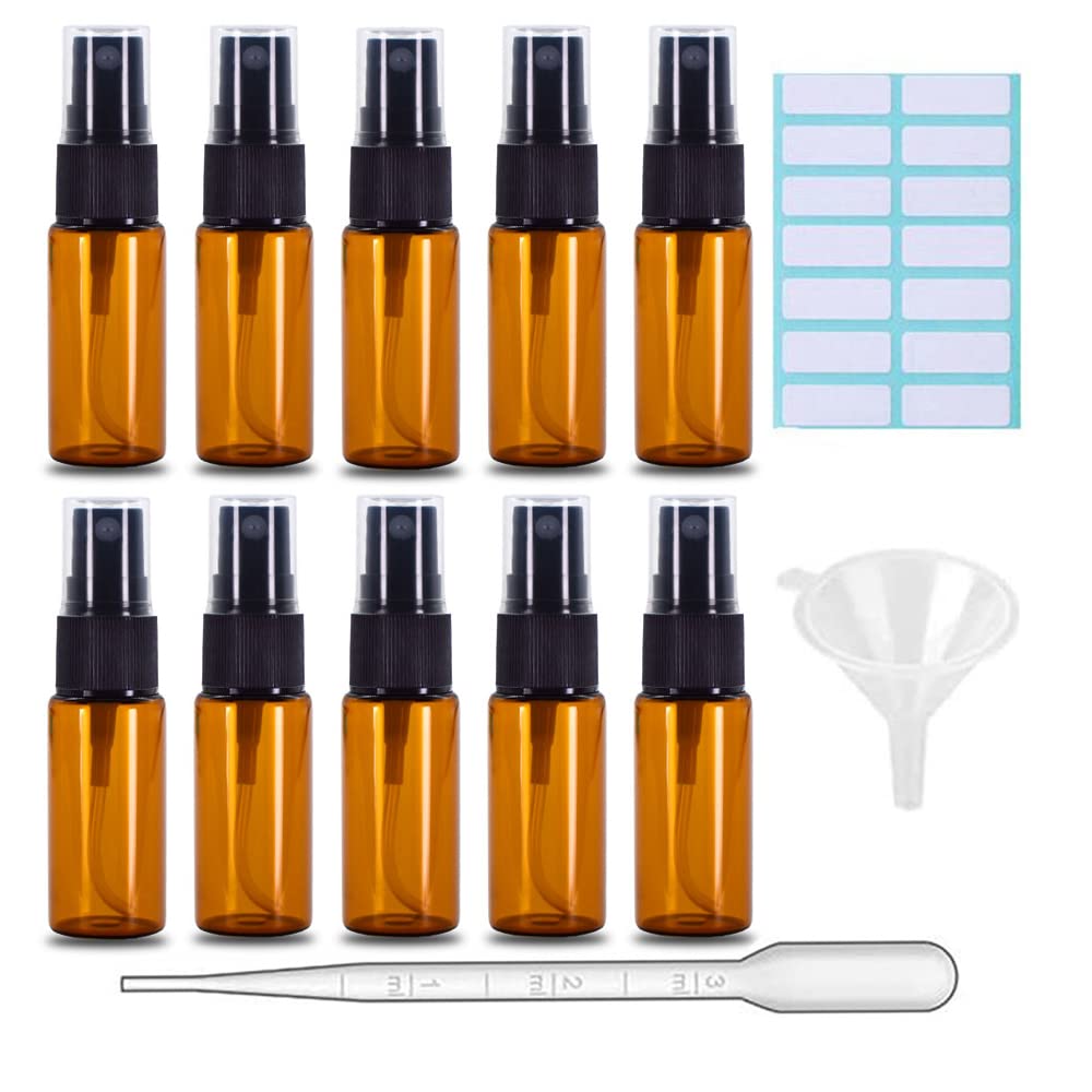 Skypro Amber 10Pcs 15Ml Glass Spray Bottles, Fine Mist Spray Bottles With Pipette Funnel Labels, Mini Travel Dispenser Bottles For Essential Oils Cleaning Skin Care