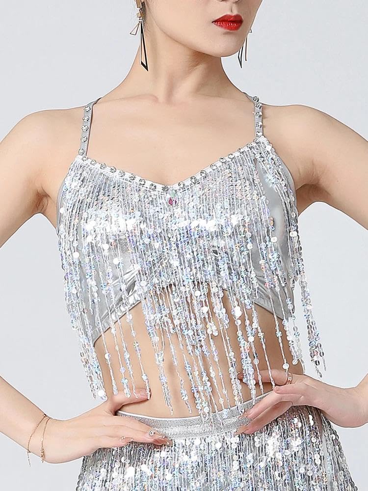 Top corto da donna con paillettes e nappe incrociate sul retro, reggiseno imbottito scintillante, per danza del ventre, rave, festival