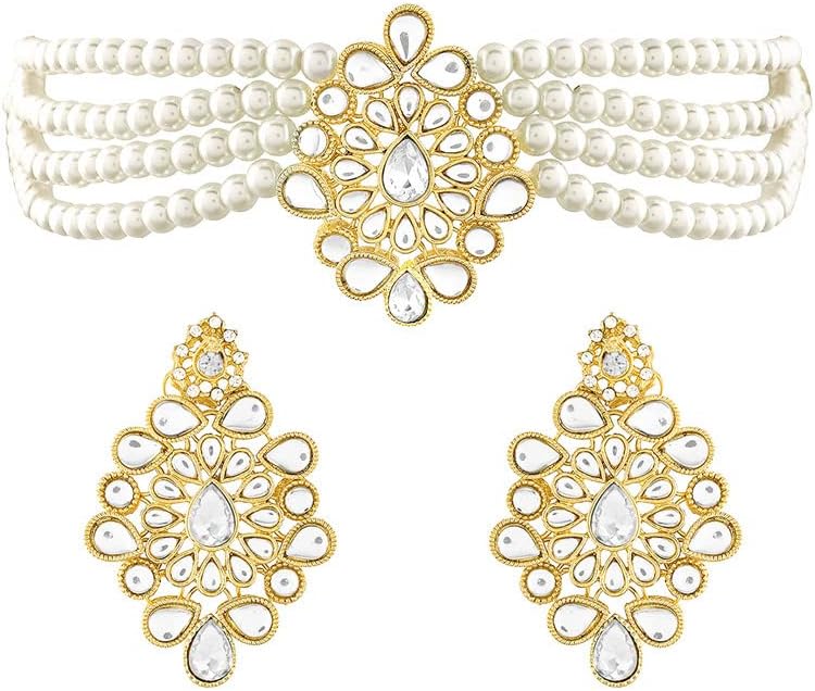 Aheli Kundan Studded Choker Necklace & Dangle Earrings Ethnic Fashion Bharatanatyam jewellery set Gift for Women - Image 2