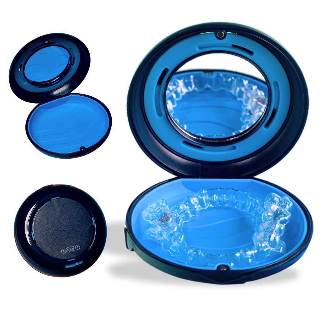 ZENT Custodia per Apparecchio Dentale, Dentiera, Porta Bite Dentale, Scatola per parentesi graffe, Porta Allineatore e Bite, Scatola Ortodontiche, Per Protesi Dentale, Con ventilazione e specchio, Blu
