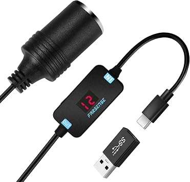 FARSENSE USB A to 12V Cigarette Lighter Adapter36W-USB C Male to Cigarette Lighter Female Socket PD Trigger Cable2FT with Switching Voltage and Display Voltage,for Dash Cam,GPS,Etc
