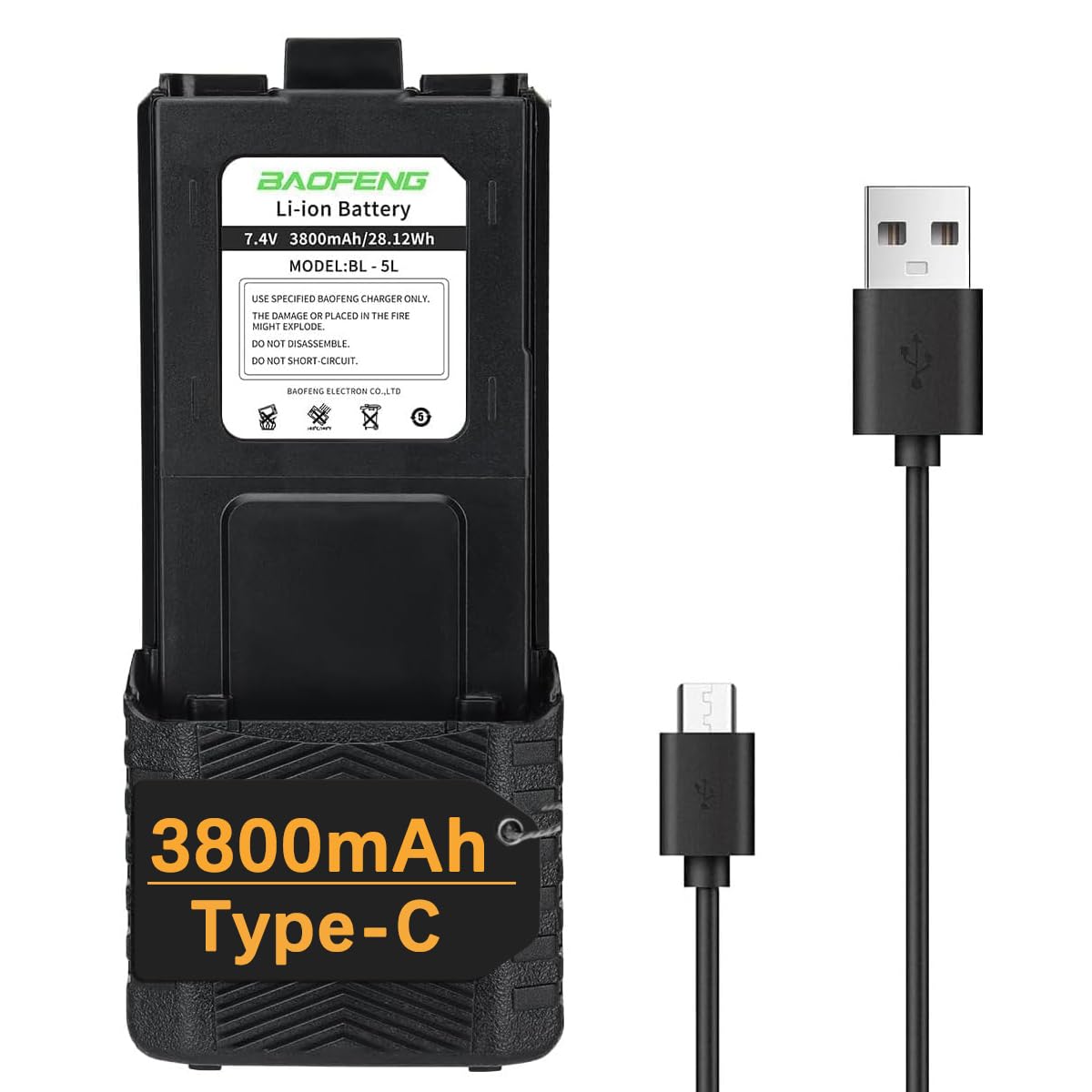 BAOFENG UV-5R Battery BL-5 3800mAh USB-C Charging Extended High Capacity Battery for UV5R BF-F8HP UV-5R Series Radios with Type-C Charging Cable