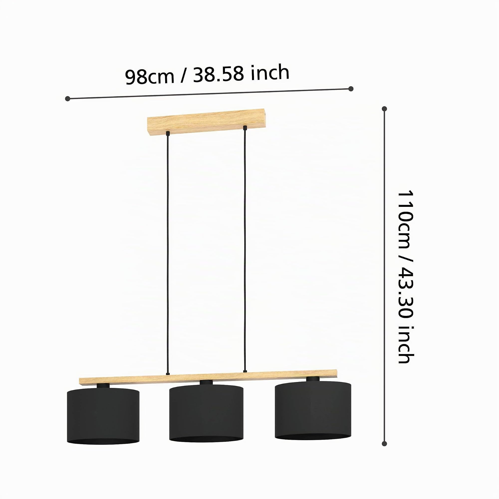 Eglo Suspension luminaire Castralvo, lustre à 3 lampes pour salon et salle | à manger, lampe de plafond suspendue en bois naturel et tissu noir, FSCM70HB, douille E27