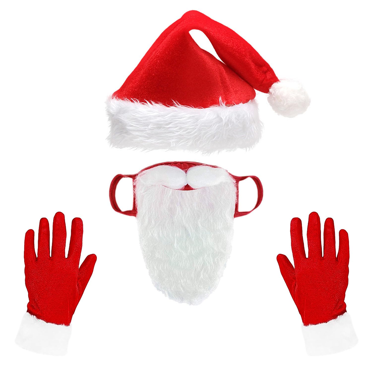 Gorbgle Beard Santa Hat with Furry Gloves for Adult, Christmas Costume Accessories Set for Men Women, Santa Costume Cosplay