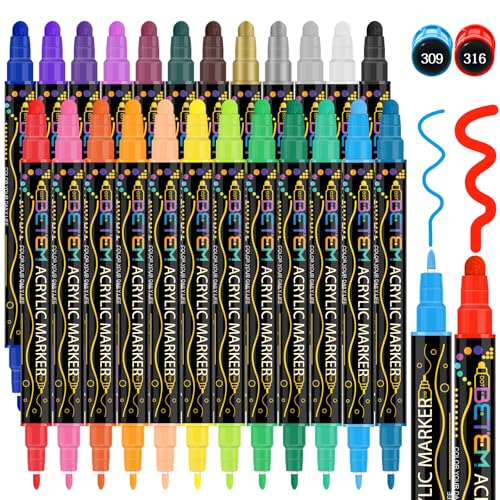 Betem 24 Colors Dual Tip Acrylic Paint Pens Markers, Premium Acrylic Paint Pens for Halloween Decorations, Wood, Canvas, Stone, Rock Painting, Glass, Ceramic Surfaces, Pumpkin Painting Kit DIY Crafts