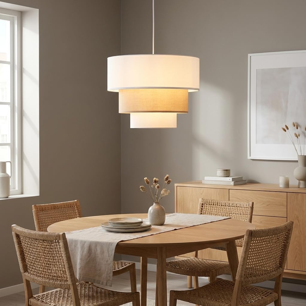 Alpinaluz Lámpara Colgante Textil Blanco y Beige de Tres Niveles Ø38 cm – Pantalla de Tela con Estructura de Acero, Casquillo E27, Iluminación Decorativa Moderna para Salón, Dormitorio, Comedor