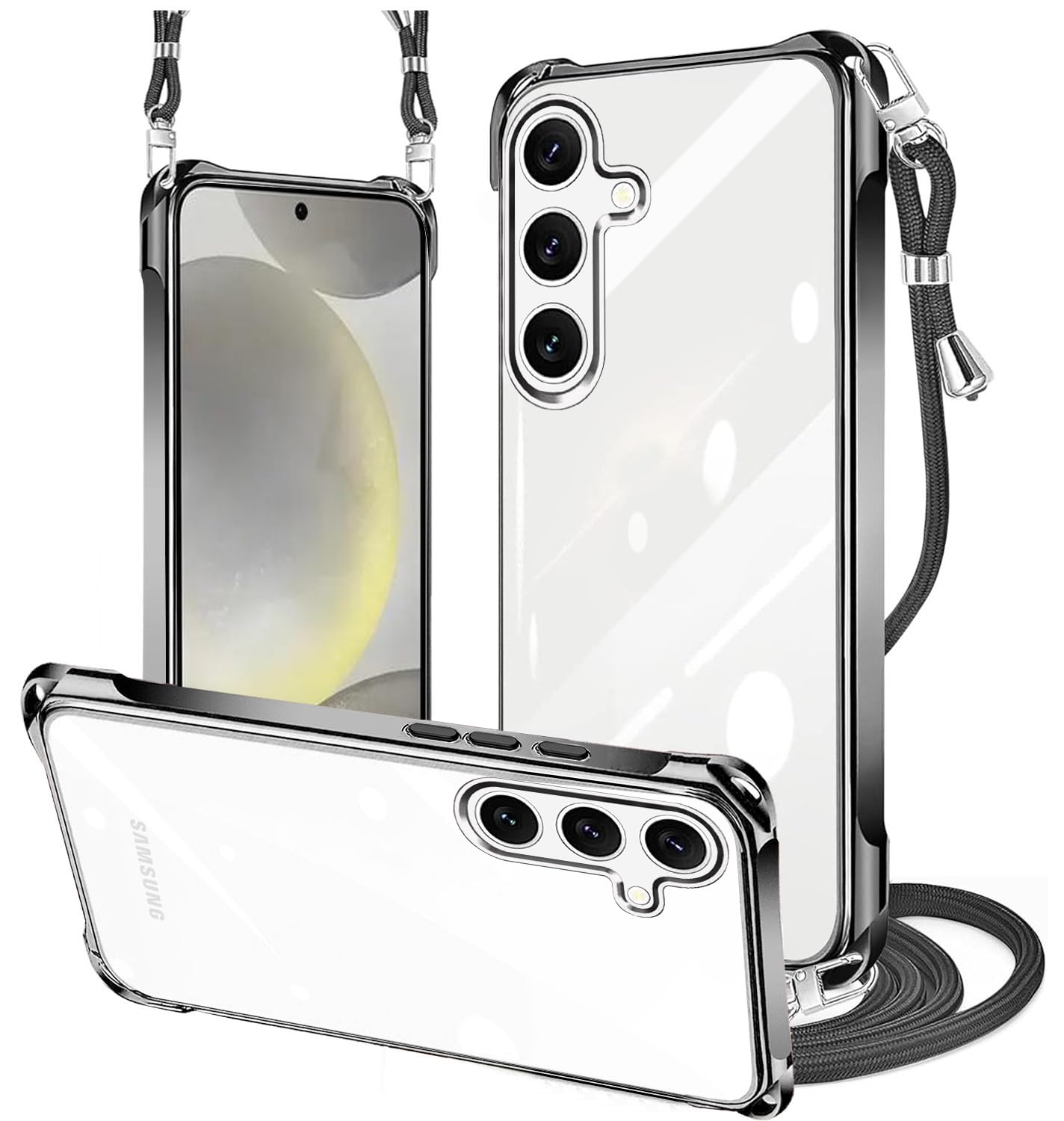 PAILAIMEN Galaxy s24 /s25 ケース クリア ネック ショルダー SC-51E/SCG25 ケース 耐衝撃 対応 サムスン ギャラクシー S24/s25 スマホケース 肩掛け 斜めかけ 縄掛け カバー メッキ加工 透明 TPU 薄軽型 ストラップ付き 携帯ケース ネックストラップ ショルダー 肩掛け 長さ調整可能 取り外し可能 落下防止 擦り傷防止（ブラック）