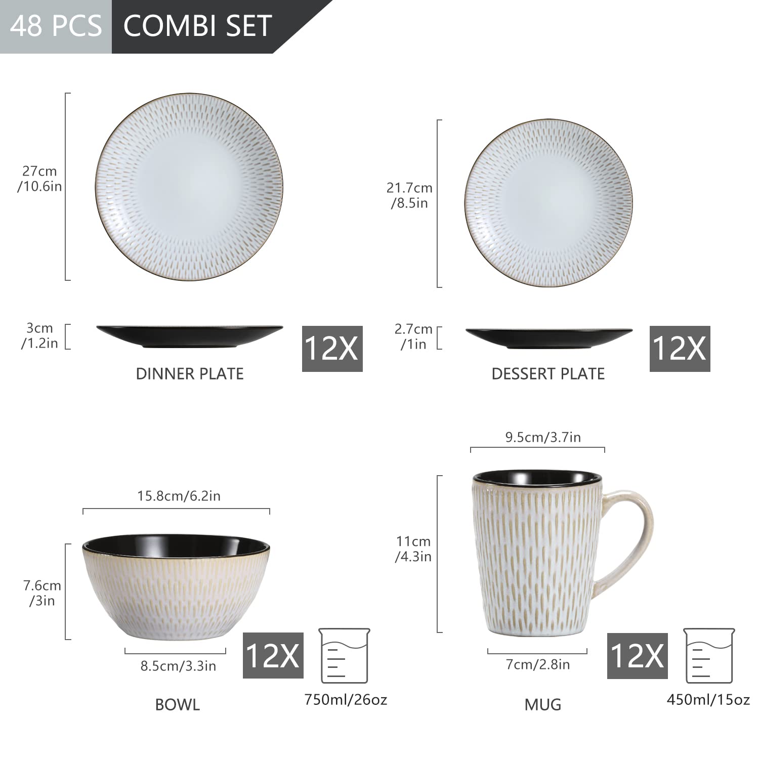 vancasso serie Pluvo Vajillas Completas de Cerámica 48 pcs con 12 Tazas/Tazones y Platos de Postre, Platos Llanos, para 12 Personas, Diseño de Línea de Lluvia en Relieve Vajilla Vintage- Gris
