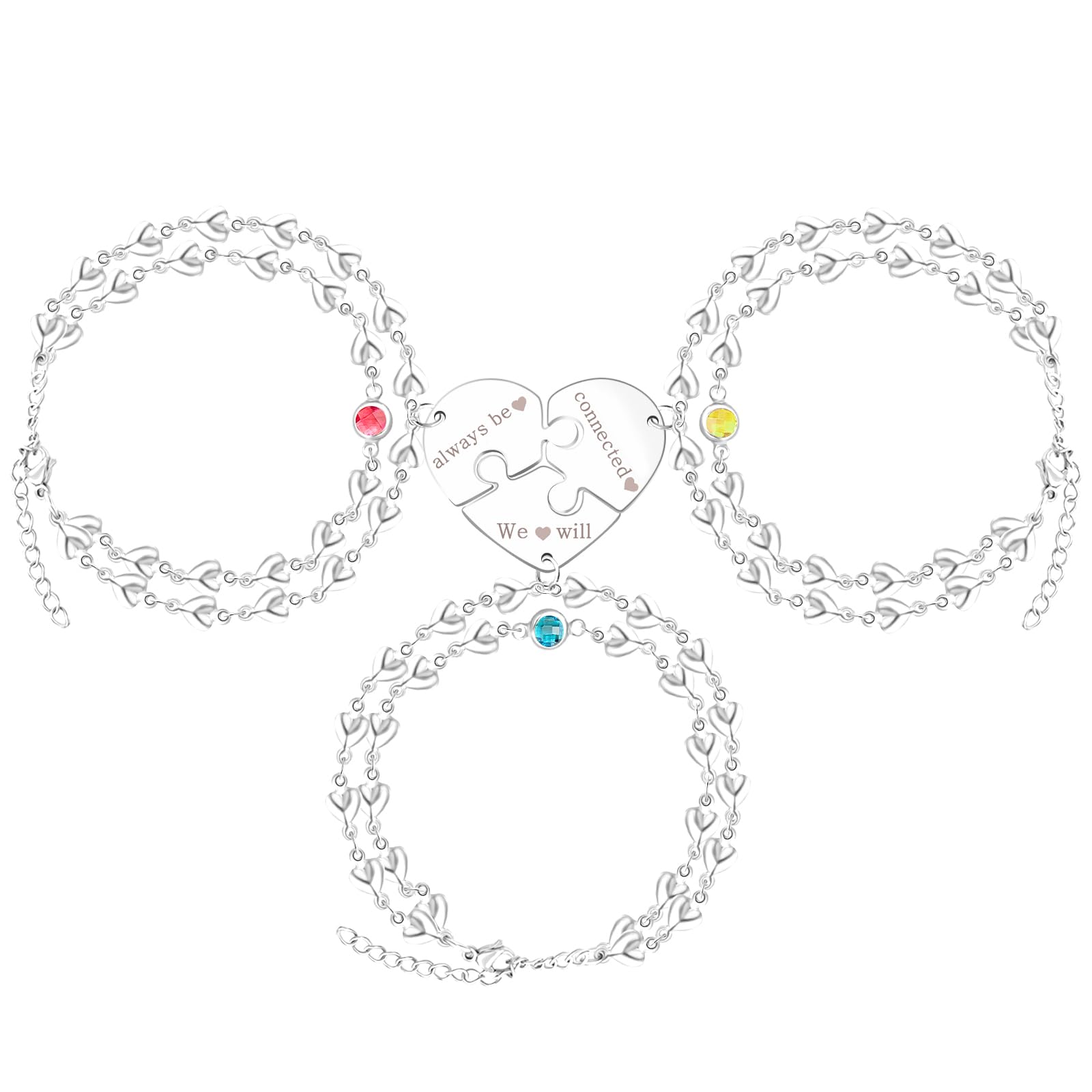 3PCS Love Heart Chain Bracelet Set for Women Graduation Gift Heart Puzzle Friendship Bracelet Personalized Name 3 Bracelets Customized Best Friends Family Love Jewelry SA4886