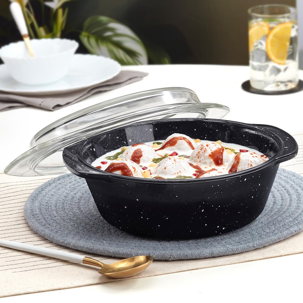 Borosil 1.5 L Pebble Black Round Deep Casserole with Lid | Borosilicate Glass Bakeware & Serveware Bowl with Flat Lid | Microwave, Dishawasher & Oven Safe Multipurpose Bowl for Mixing Dough, Salad, Batter-image-1