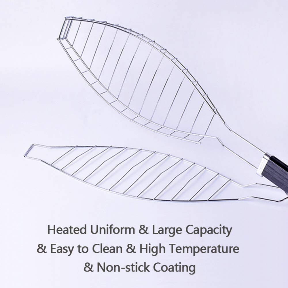 Cesta para Parrilla de Barbacoa, asador de Pescado para Barbacoa, Acero Inoxidable a la Parrilla para una Barbacoa, Cesta para Parrilla, volteador con Mango de Madera