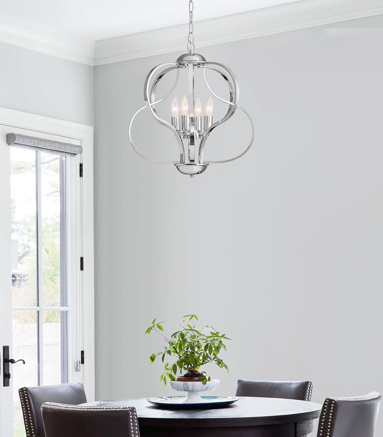 Modern 17'' Chrome Vintage Vase Chandelier, Curved Arm Woven Design, 4-Light E12 Candelabra Bulb, Modern Art Pendant Light for Dining Room & Kitchen Island
