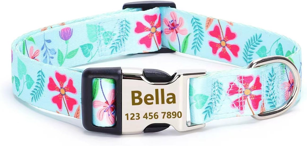 Moonpet Personalized Custom Customized Dog Collars Leash Airtag Holder Case Set with Engraved ID Name Plate Phone Number for Puppy X-Small Small Medium Large X-Large Boy Girl Dogs-Verdure Flower-M