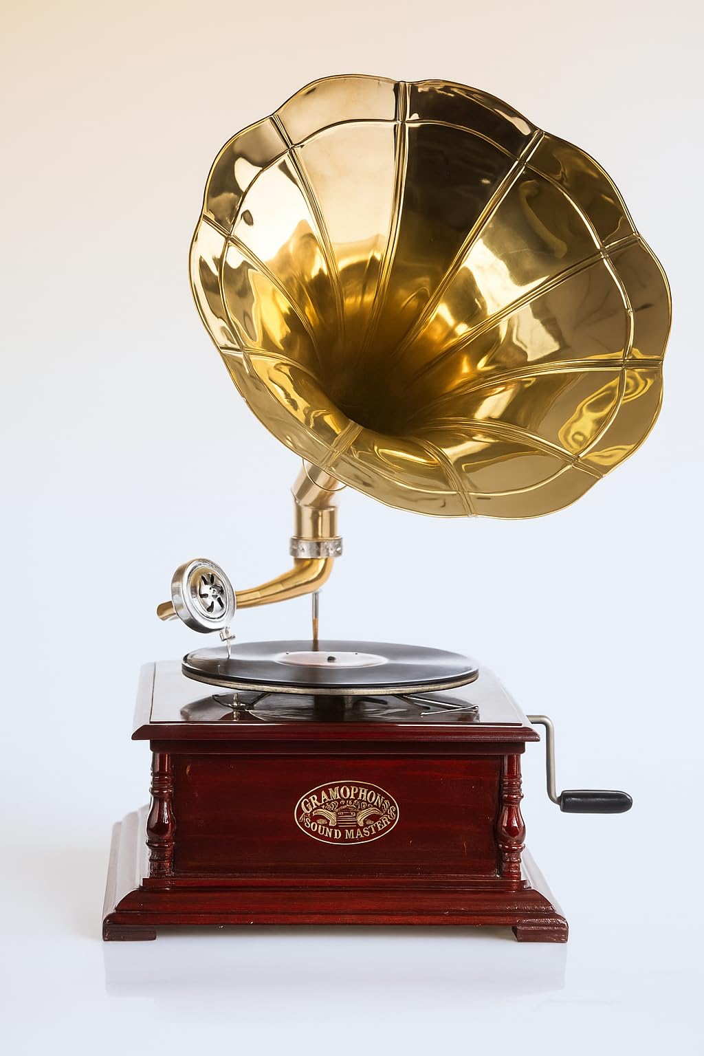 Trichter Grammophon „His Masters Voice“ – Vintage Musikgerät im Stil der 20er aus Holz & Messing, voll funktionsfähig mit Handkurbel, inkl. Schellackplatte & Ersatznadeln,Deko & Abspielgerät