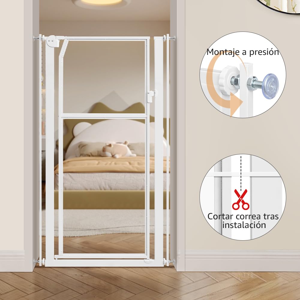 unipaws Puerta para mascotas extra alta de 142 cm, puerta alta transparente para gatos, 75-85 cm de ancho, sin taladrar, para puerta, pasillo, escaleras, color blanco