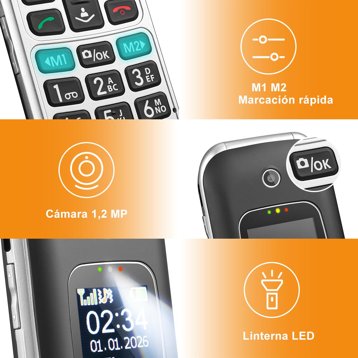 4G Teléfono Móvil de Tapa para Mayores, Botones y Teclas Grandes, Doble Pantalla de 2,4+1,44 Pulgadas, Botón SOS, Bateria 1350mAh, USB-C, Base de Carga, Volumen Alto, Fácil Uso para Ancianos